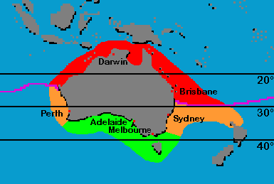 map of Australia with tropical, subtropical and temperate zones / Karte von Australien mit tropischem, subtropischen und gemässigten Klimazonen